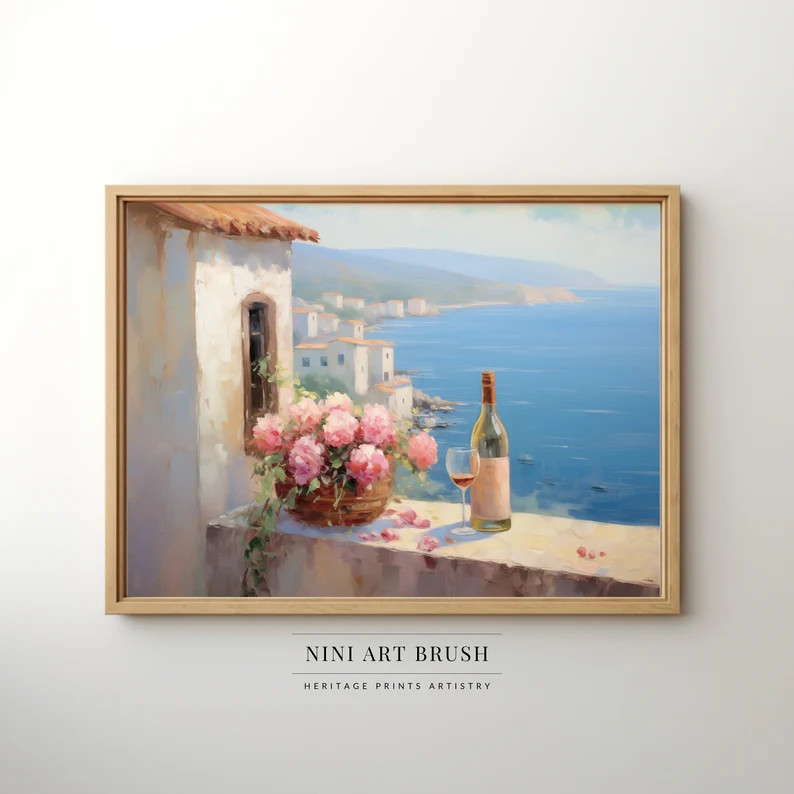Santorini Print Wine Painting Summer Wall Art Beachy Wall Art Cocktail Print Greek Wall Art Coast... | Etsy (US)