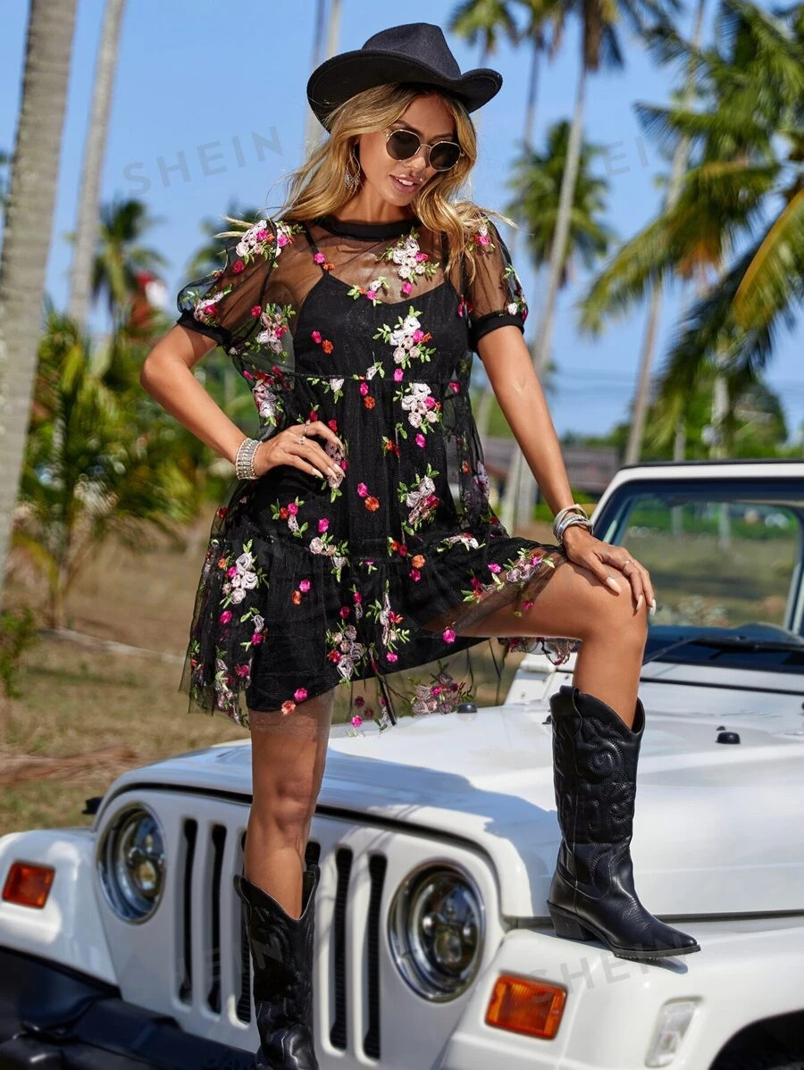 SHEIN VCAY Floral Embroidery Mesh Dress & Cami Dress | SHEIN