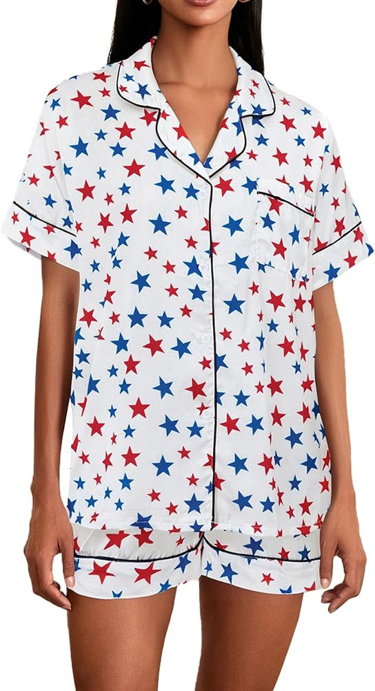 Women 4th of July Pajamas Set American Flag Print Satin Button Down Short Sleeve Tops Shorts 2 Pi... | Amazon (US)