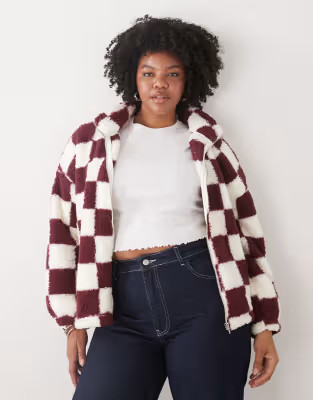 Noisy May Curve zip through fleece in burgundy checkerboard | ASOS (Global)