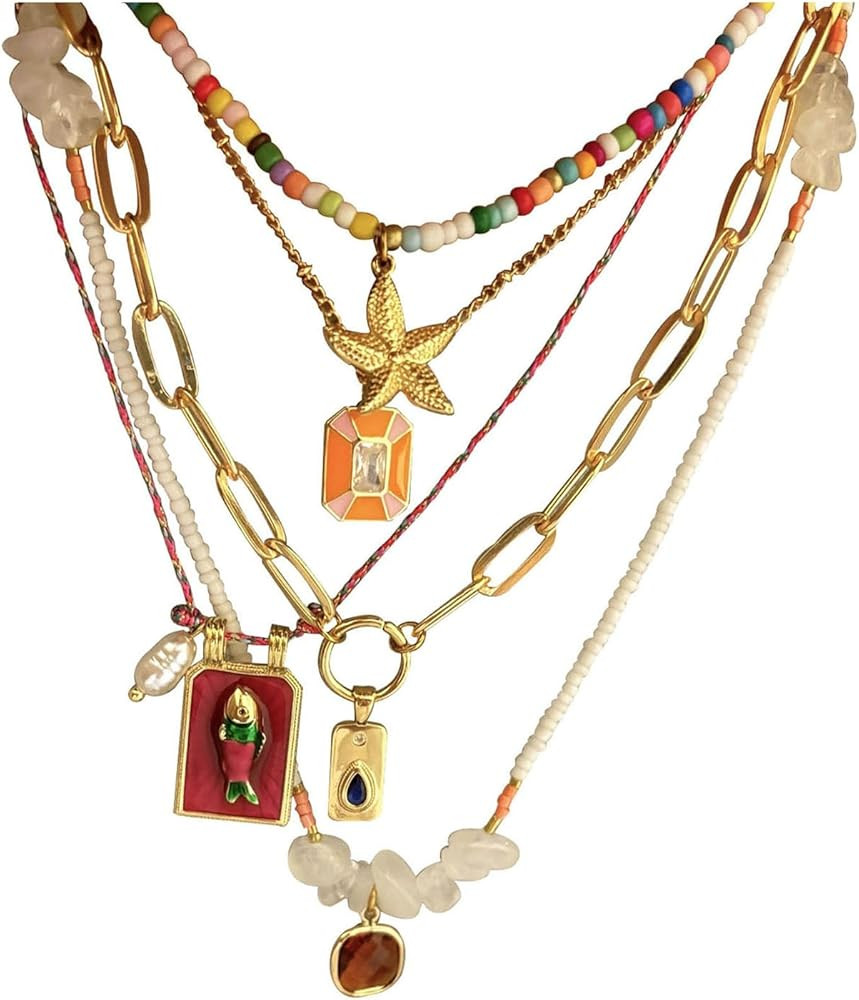Pendant Necklace Set Bohemian Style Beaded Fish Star 5 Layered Collarbone Chain, Handcraft Jewelr... | Amazon (US)