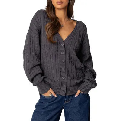 EDIKTED Francine Oversize Cable Cotton Cardigan in Dark-Gray at Nordstrom, Size Small | Nordstrom
