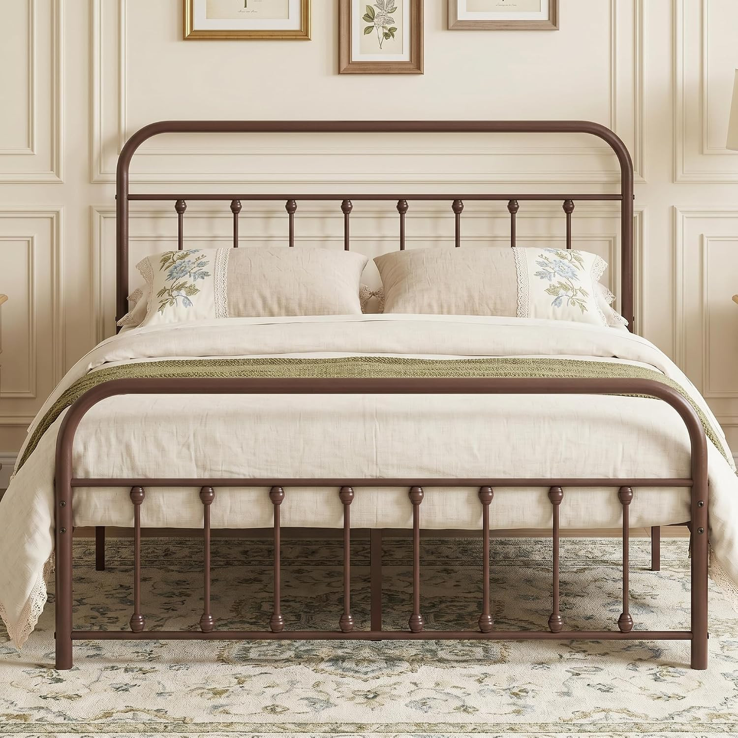 VECELO Queen Size Victorian Style Metal Bed Frame with Headboard Classic Metal Platform Bed Frame Mattress Foundation with Victorian Style Footboard/Under Bed Storage/No Box Spring Aple | Amazon (US)