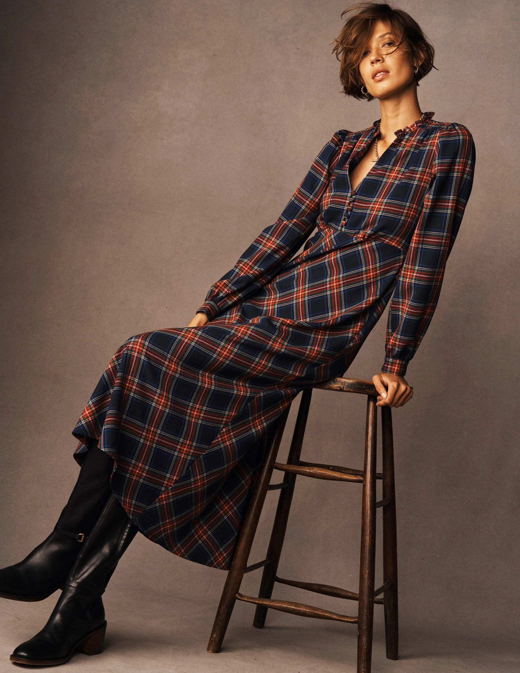 Cassie Check Tea Dress-Navy, Green and Red Check | Boden UK