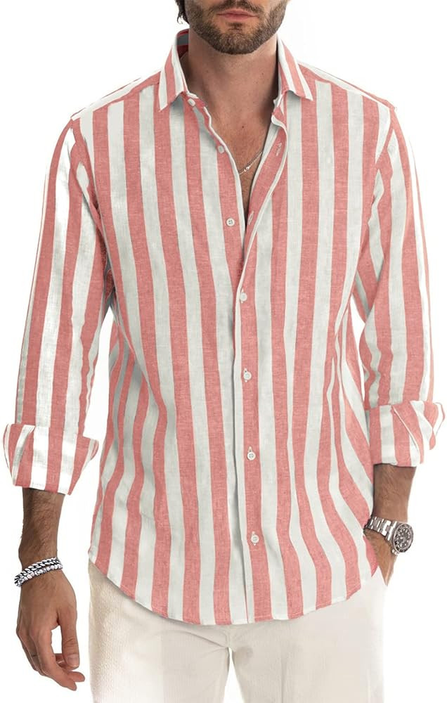 JMIERR Men's Linen Shirts Casual Long Sleeve Button-Down Striped Dress Shirt | Amazon (US)