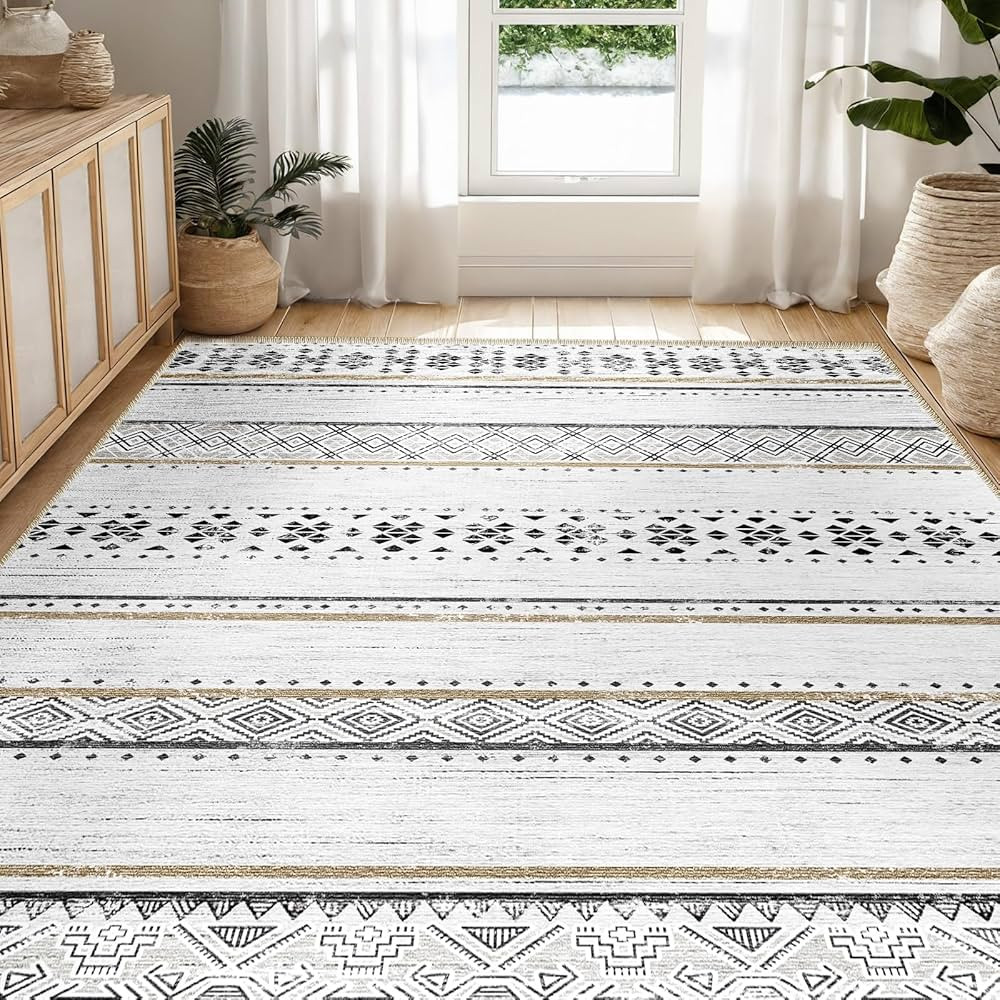 BESTSWEETIE 6x9 Area Rug for Living Room Washable Rug Moroccan Farmhouse Neutral Geometric Low Pi... | Amazon (US)
