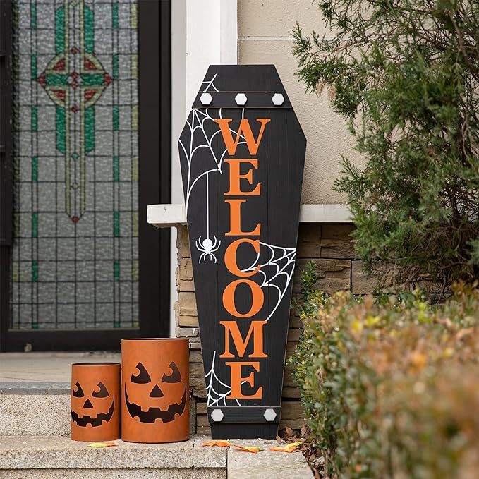 glitzhome 42" H Halloween Welcome Sign Porch Decor Rustic Wooden Vertical Hanging Signs or Standi... | Amazon (US)