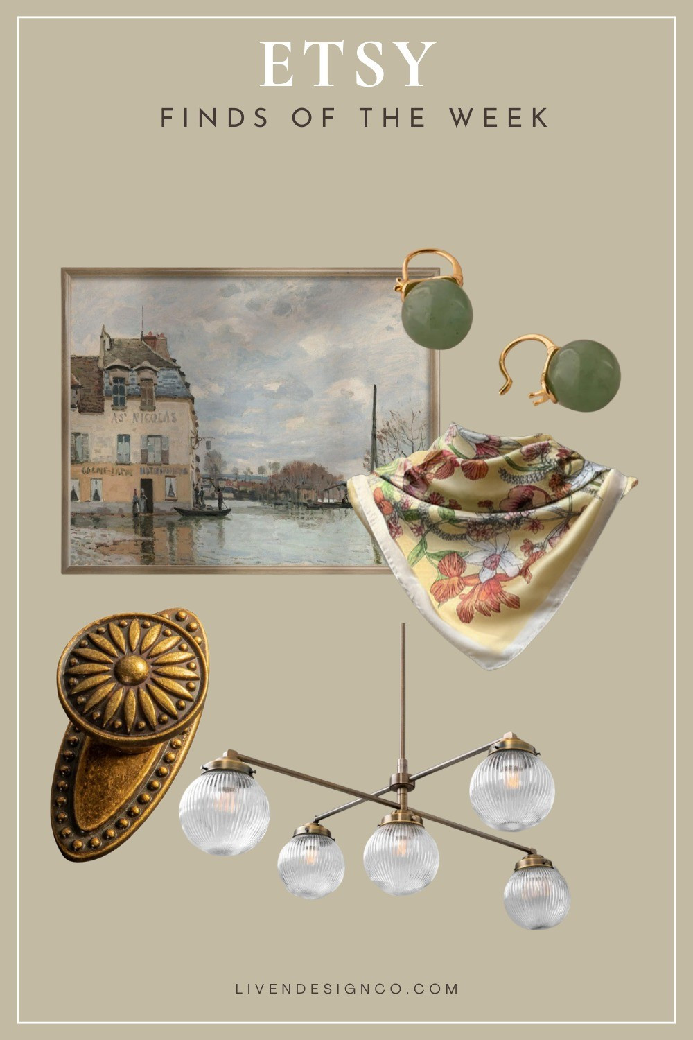 Etsy finds. Silk satin floral scarf. Vintage landscape art painting print. Brass hardware. Drawer pull. Drawer knob. Jade earrings. Mid-century modern chandelier. Globe chandelier. Vintage chandelier 

#LTKSpringSale #LTKHome #LTKSeasonal