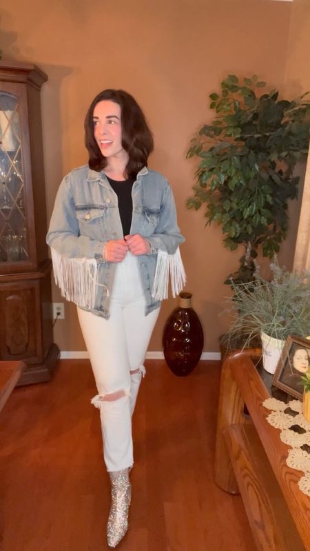 Country Concert Outfit - Rhinestone fringe sleeveless crop top (size small). White high waisted jeans (size 27/4). Turquoise rhinestone boots (size 8.5). Denim jacket with white fringe (size small). #countryconcertoutfit #countryconcert #fringecroptop #croptop #blackcroptop #whitejeans #whitedenim #highwaistedwhitejeans #boots #rhinestoneboots #turquoiseboots #denimjacket #fringejacket #jeanjacket 

#LTKFindsUnder100 #LTKStyleTip #LTKSeasonal