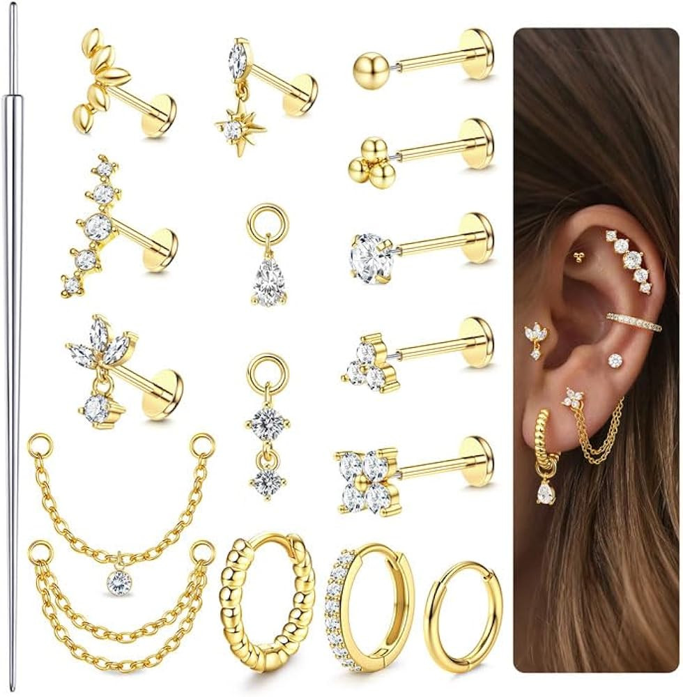 ORAZIO 16G/18G/20G Threadless Flat Back Earrings 316L Surgical Steel Cartilage Earring Stacks Fla... | Amazon (US)