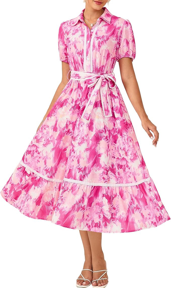 GRACE KARIN Women Summer Floral Maxi Dresses 2026 Wedding Guest Puff Sleeve Shirt Sundresses Boho... | Amazon (US)