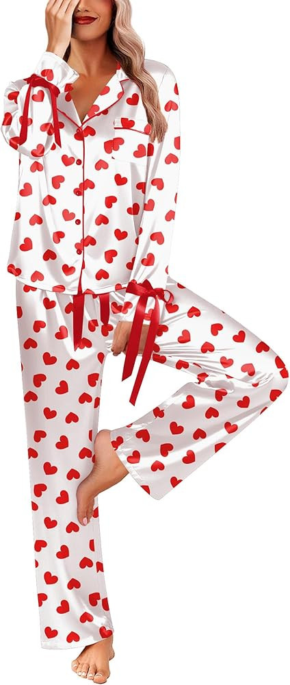 Ekouaer Women Classic Button Down Long Satin Pajamas Set,Bow Tie Silky Cute Pjs Sets Fancy Lounge... | Amazon (US)