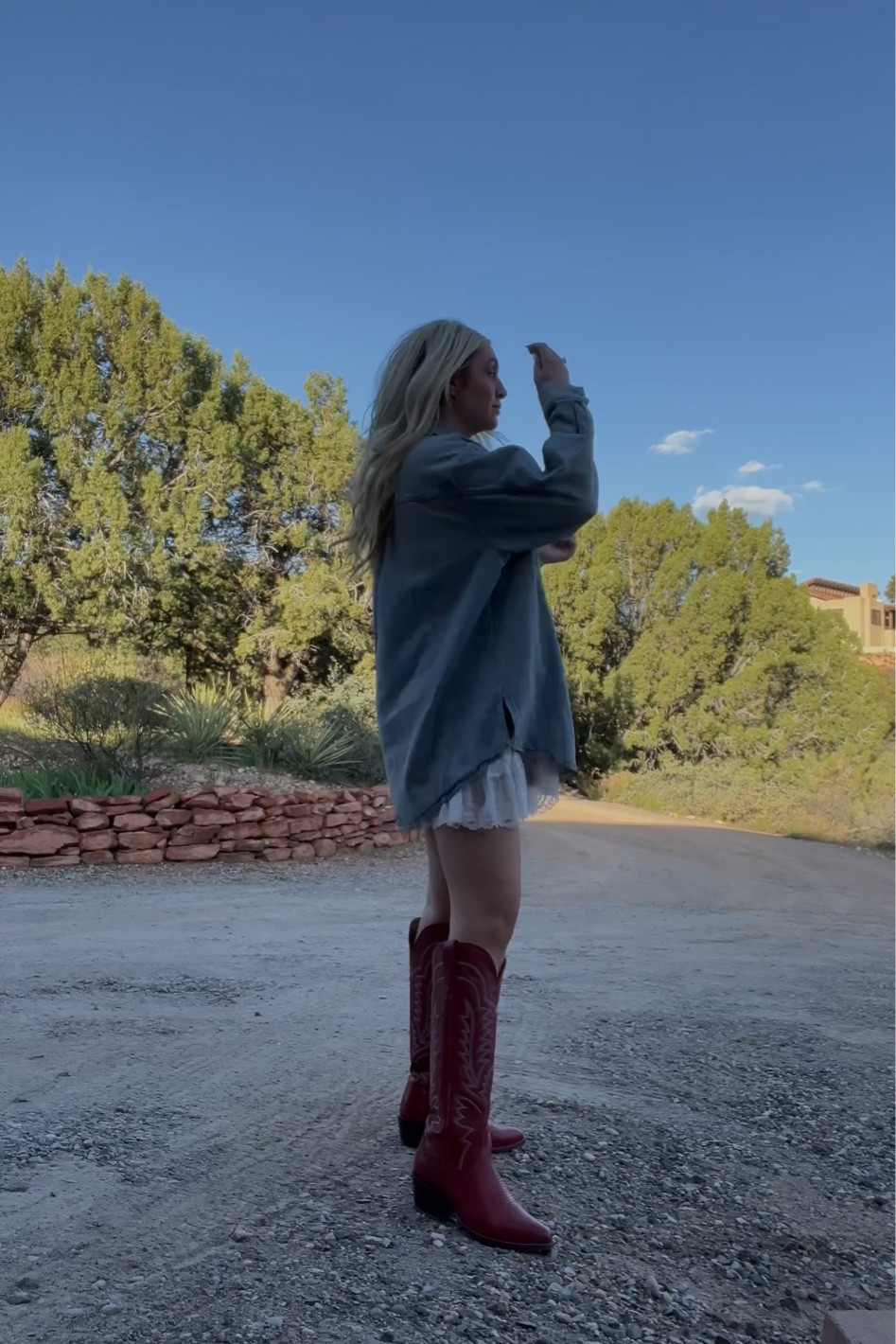 Medium
In Jean jacket and lace slip skirt 