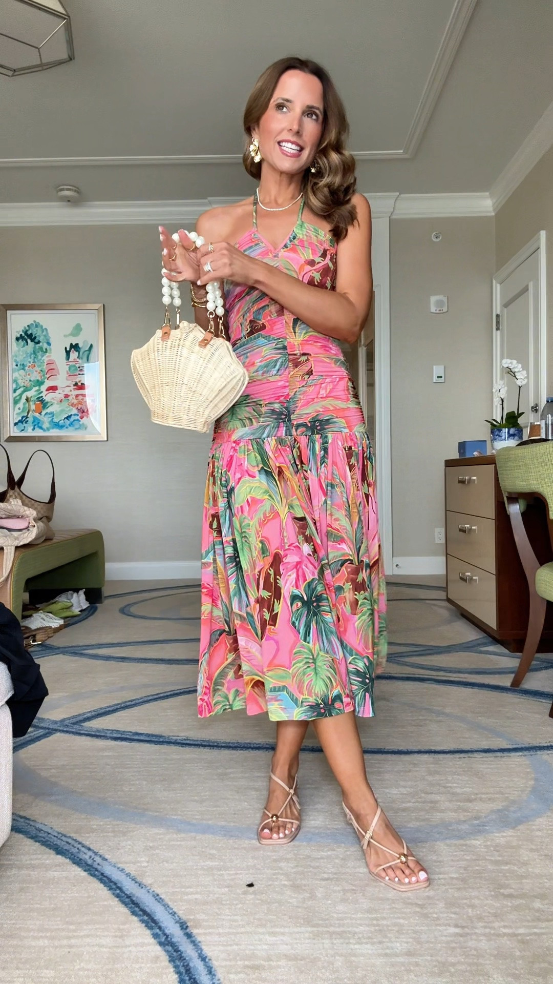 My Palm Beach dinner outfit. Farm Rio midi dress in XXS. Strappy neutral heels are TTS. Shell purse. Resort wear. Resort outfit. Vacation outfit. Vacation dress. Destination wedding.

#LTKTravel #LTKSwim #LTKWedding