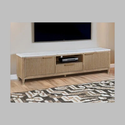 1pc Modern Luxury and Sleek Fluted Wood Facade Pristine White Faux Marble Top Brass-tone Accents Tapered Legs Tv Stand Media Console Natural Wood Fini | Wayfair North America