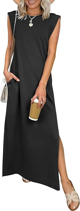 ANRABESS Women Summer Casual Sleeveless Maxi Dress 2026 Crewneck Loose Split Wrinkle-Free Beach T... | Amazon (US)