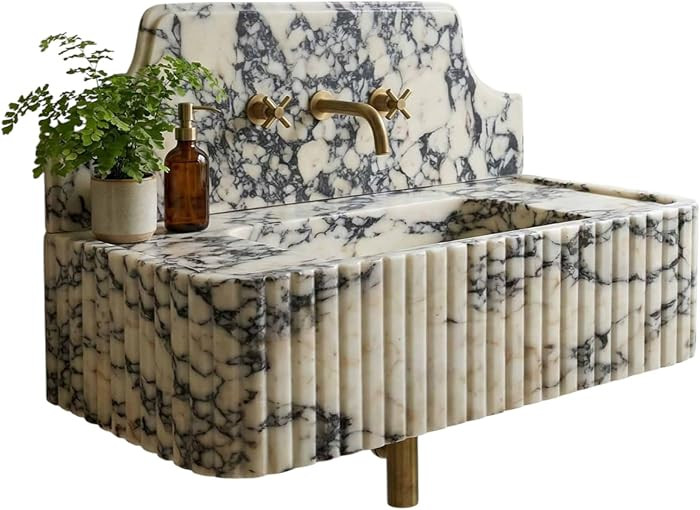 Calacatta Viola Marble Sink, Hand-Carved Stone Bathroom Sink with Fluted Front, Integrated Backsp... | Amazon (US)
