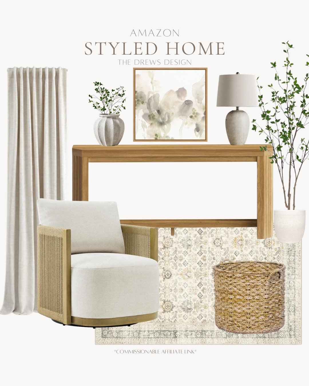 Neutral styled home includes console, accent chair, basket, area rug, faux tree, planter, table lamp, vase, greenery stems, curtains.

Home decor, looks for less, living room decor, neutral decor 

#LTKHome #LTKSeasonal #LTKSaleAlert