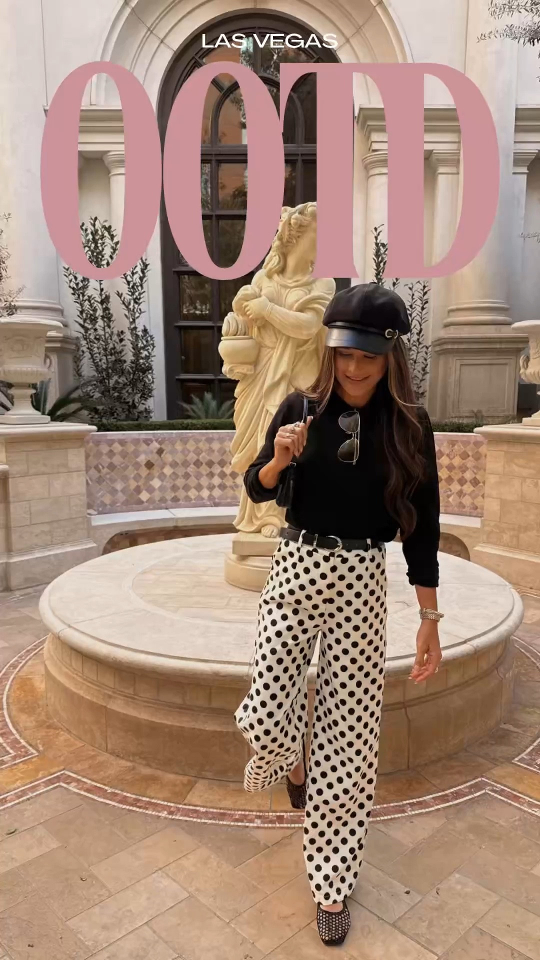 Polka dot | trousers | ballet flats | wool hat | newsboy hat | black and white | casual outfit | workwear | business casual | office | sweater | transitional outfit | ootd | preppy | old money aesthetic | belt | cage sandals | monochrome | chic | vacation | travel 

#LTKootd #LTKTravel #LTKWorkwear