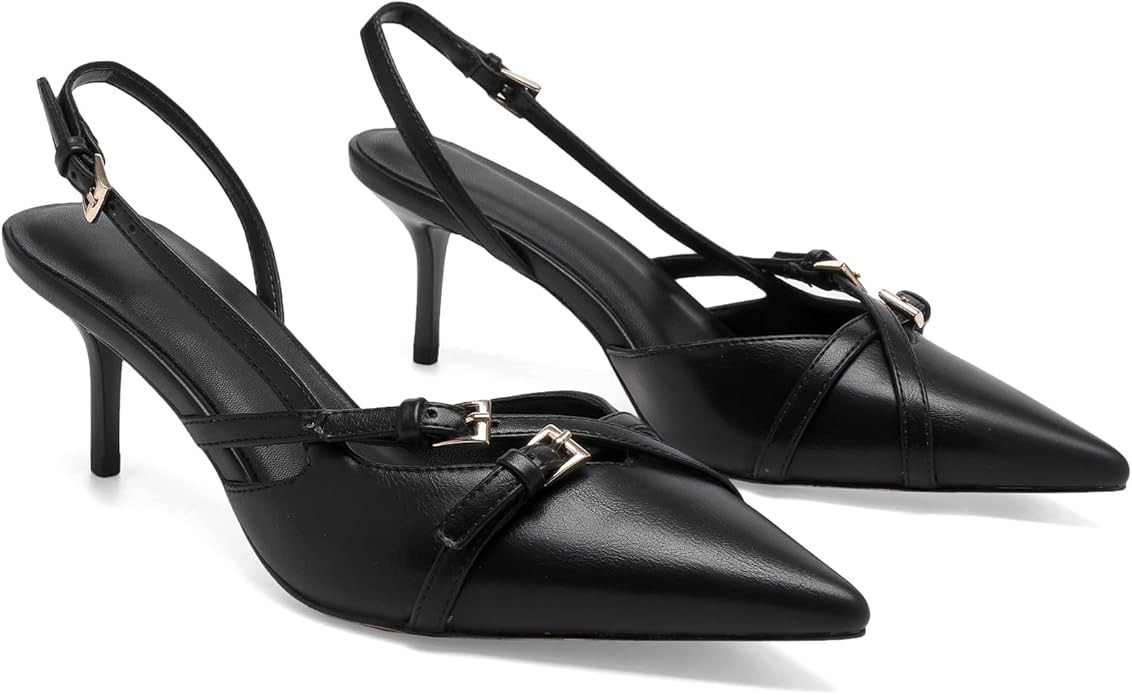 Heeled Slingback Kitten Heels for Women Closed Pointed Toe Pumps with Buckles | Amazon (US)