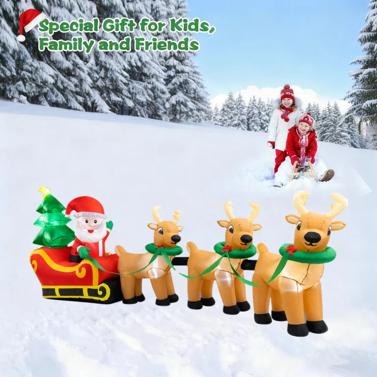 12 FT Lighted Christmas Inflatables Santa Claus on Sleigh with 3 Reindeer & Christmas Tree for In... | Walmart (US)