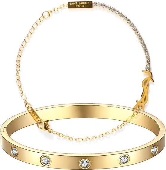 18K Gold Plated Initial Bracelet Love Bangle Open Cuff Set for Women, Stackable Adjustable Link B... | Amazon (US)