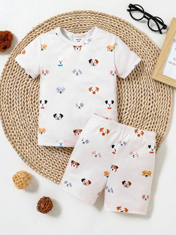 Baby Boy Cute Dog Print Crew Neck Short Sleeve Top And Shorts Soft & Skin-Friendly 2 Pieces Pajam... | SHEIN