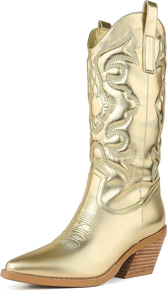 SO SIMPOK Cowboy Boots for Women Embroidered Stitching Chunky Stacked Heel Cowgirl Boots Snip Toe... | Amazon (US)