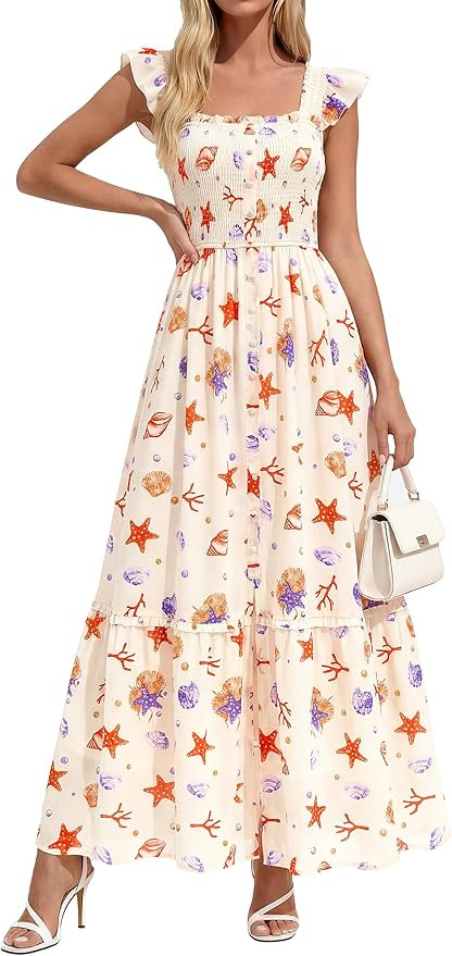 dowerme Womens Summer Maxi Dresses 2026 Casual Ruffle Sleeve Button Smocked Floral Slit Boho Dres... | Amazon (US)