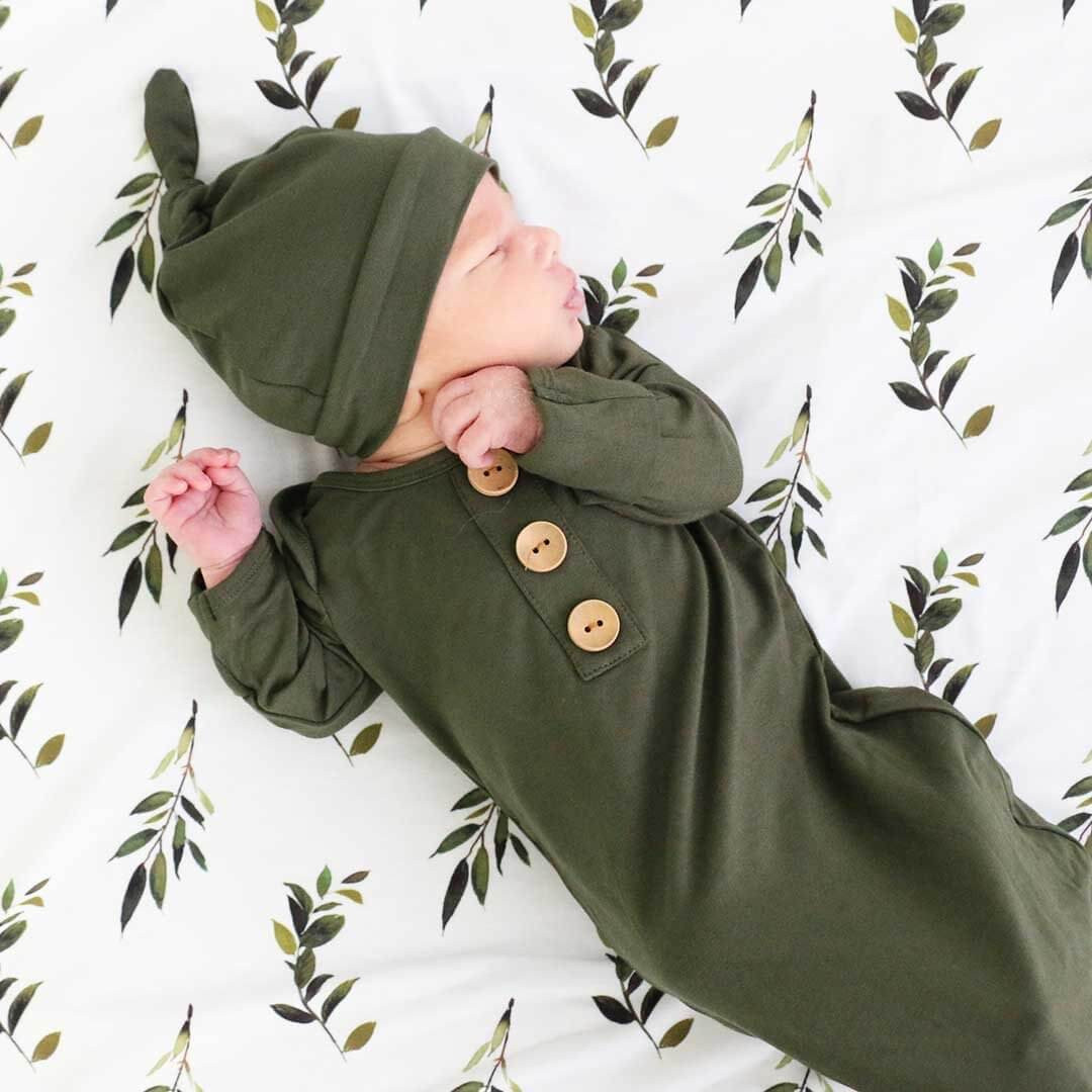 Solid Olive Bamboo Baby Knot Gown & Hat | Caden Lane