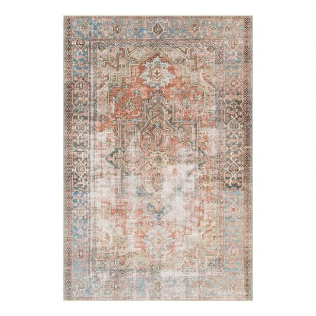 Terracotta and Blue Distressed Primus Area Rug | World Market