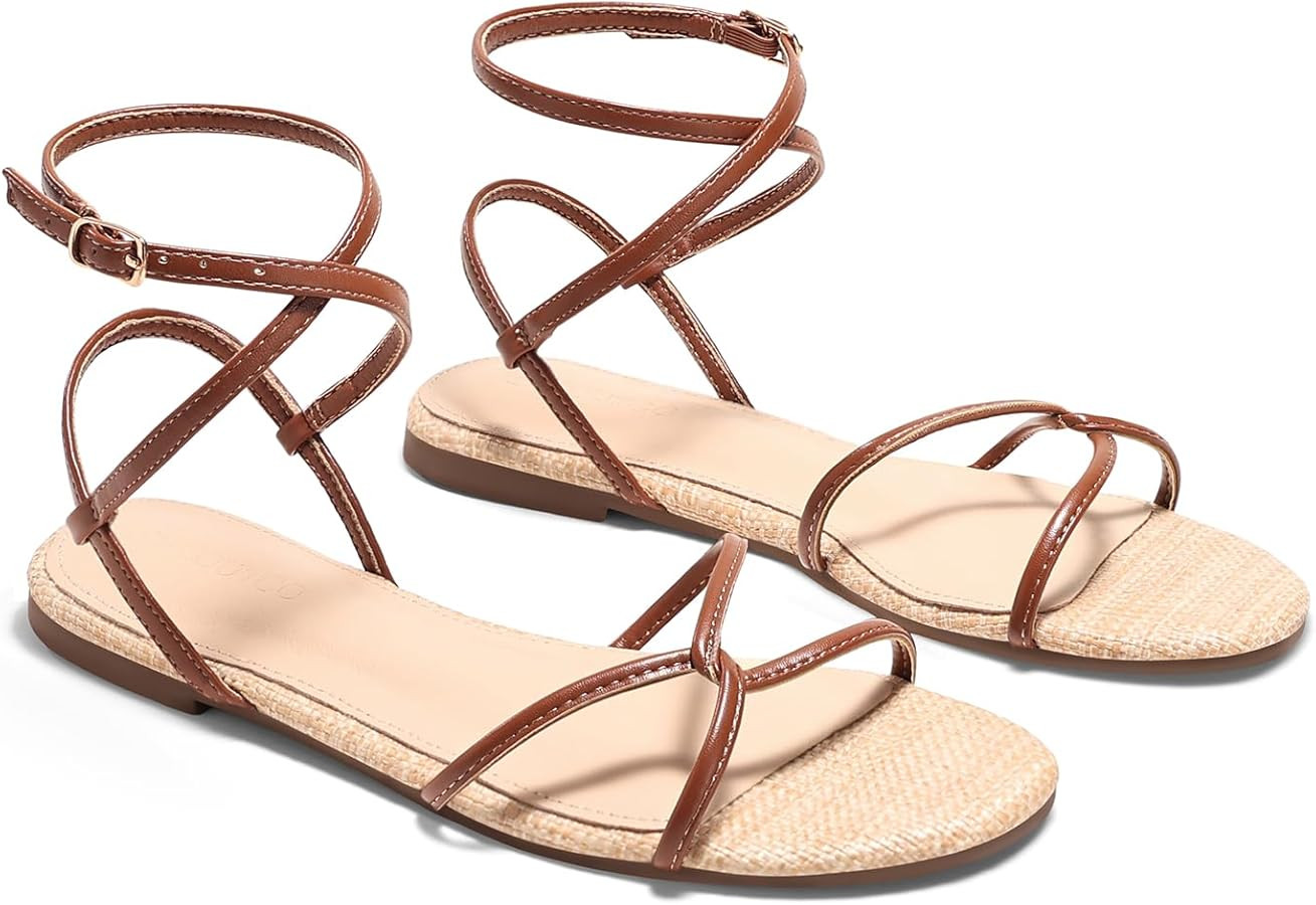 Coutgo Womens Flat Sandals Strappy Open Toe Cross Lace Up Ankle Strap Summer Dressy Beach Shoes | Amazon (US)