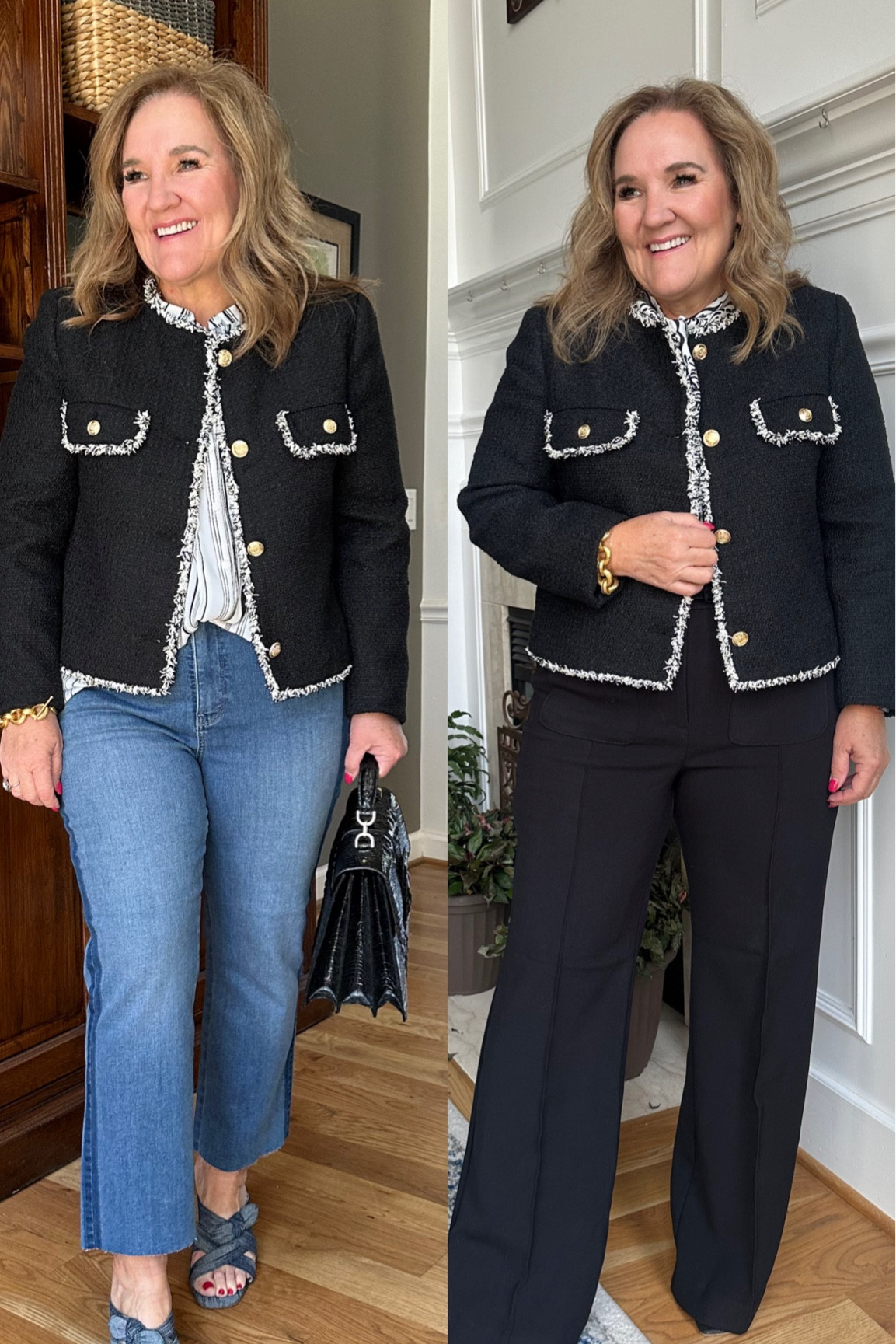 This tweed jacket by loft is so sharp for spring. Wearing a size 12. 

Wear with jeans, mine are a 12. NYDJ 25% off with code APR25
Blouse size large. 
Black slacks perfect for the office. Stretch and classic. Wearing a 12. Everyone needs a pair that fit in their closet. 


Loft spring style work outfit graduation outfit 

#LTKover40 #LTKmidsize #LTKworkwear