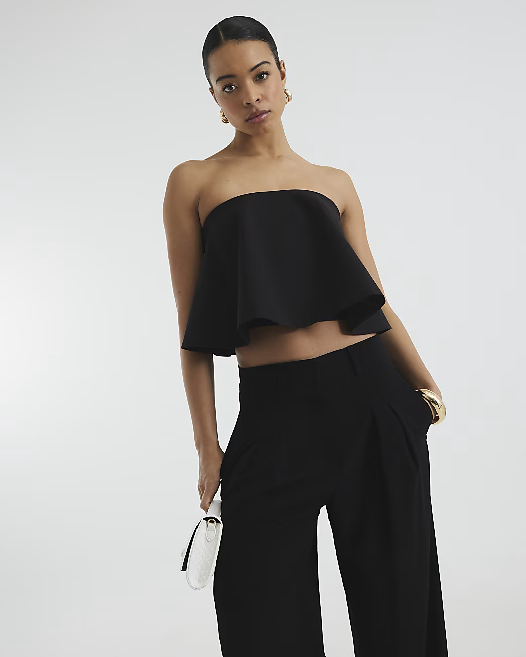 Black Draped Bandeau Top | River Island UK & IE