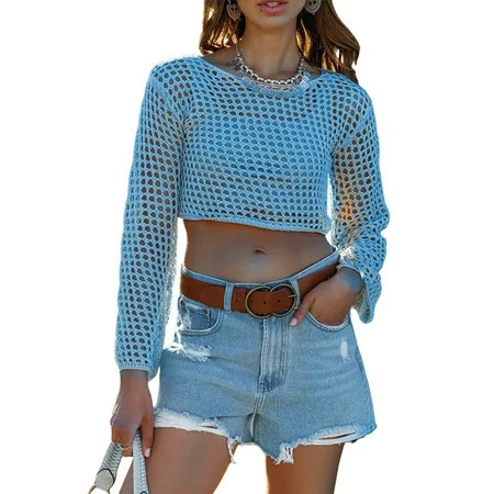 Tsseiatte Women Knitted Crochet Cutout Tops Sheer Blouse Long Sleeve Crop Shirt Summer Cover Up | Walmart (US)