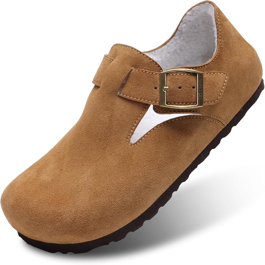 Womens Mens Fur Lined Suede Clogs Fuzzy Leather Mules Cork Potato Shoes with Arch Support | Amazon (US)