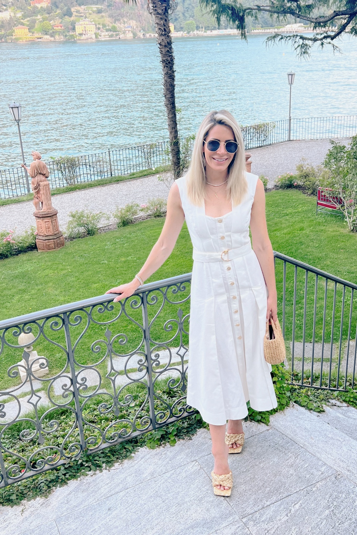 short white dress with gold accents White Sleeveless Short Dress with Gold Buckle