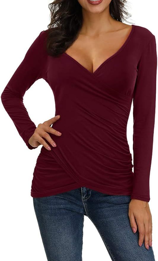 Allegrace Women Open V Front Wrap Pleated Slim Top Tee Long Sleeve Ruched T Shirt | Amazon (US)