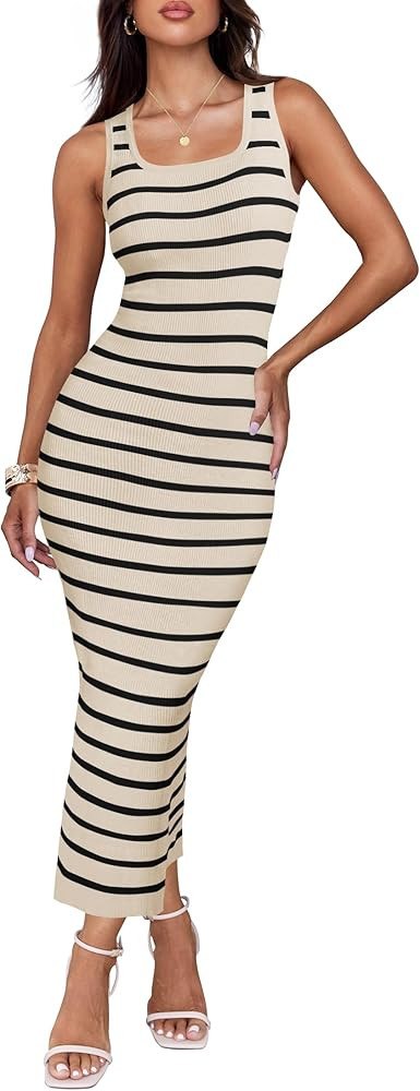 ZESICA Women's Summer Square Neck Bodycon Midi Dresses 2024 Casual Sleeveless Ribbed Knit Striped... | Amazon (US)