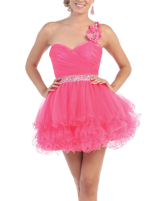 MayQueen Women's Special Occasion Dresses Hot - Hot Pink Ruffle Asymmetrical Dress & Shawl - Women | Zulily