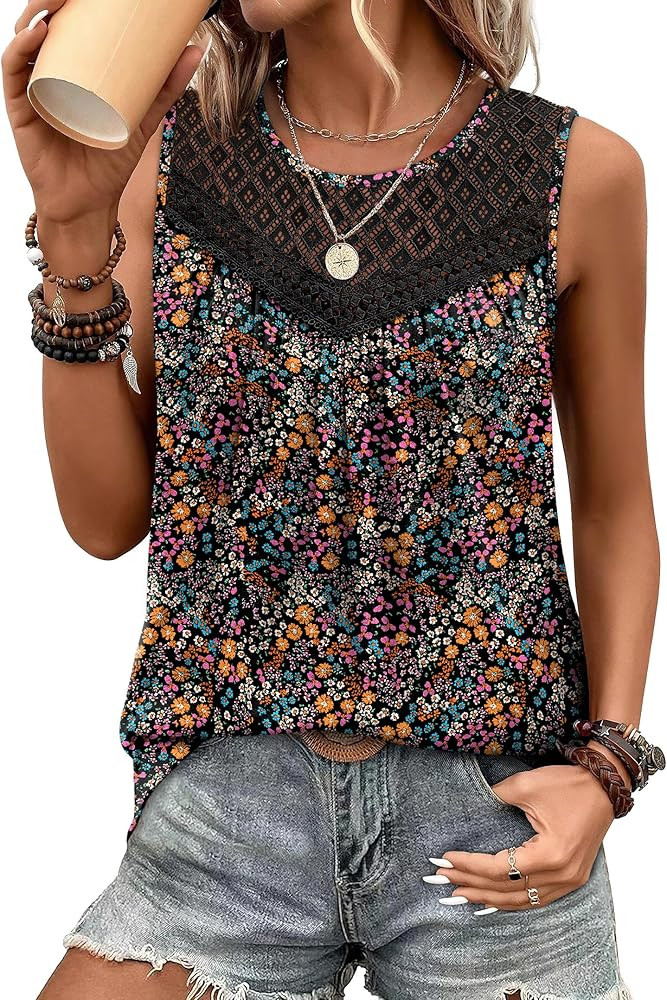 XIEERDUO Womens Tank Tops Sleeveless Lace Crochet Boho Tops Loose Fit Pleated Tunics Crewneck Sum... | Amazon (US)