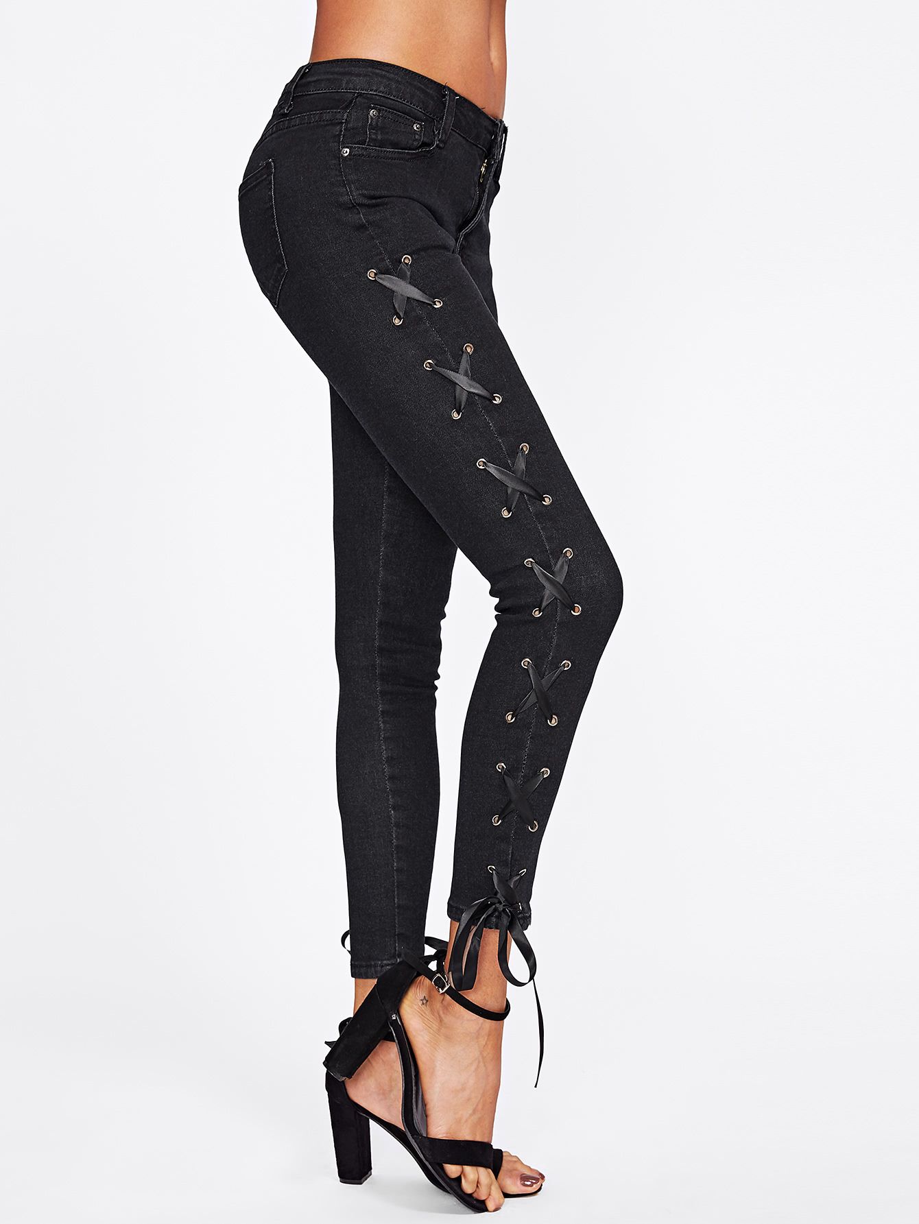 Grommet Lace Up Side Skinny Ankle Jeans | SHEIN