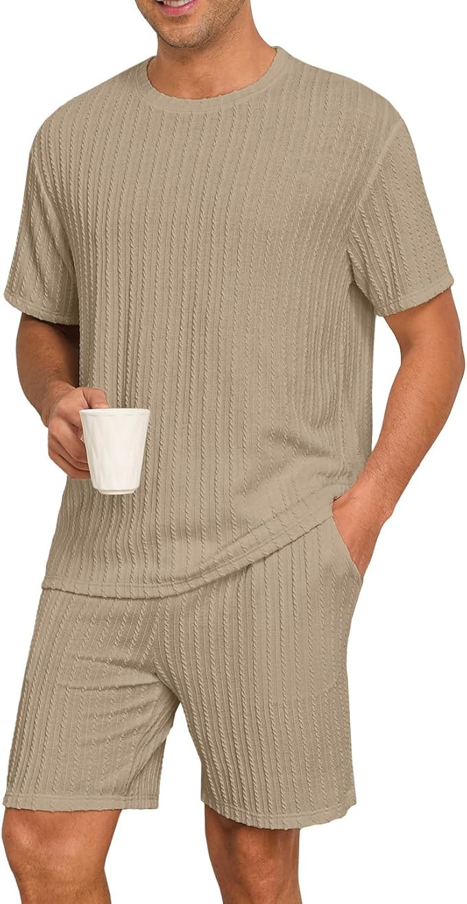 PrinStory Mens Pajamas Set Summer Pjs Sets Lightweight Short Sleeve Pajama Shorts Set Soft Sleepw... | Amazon (US)