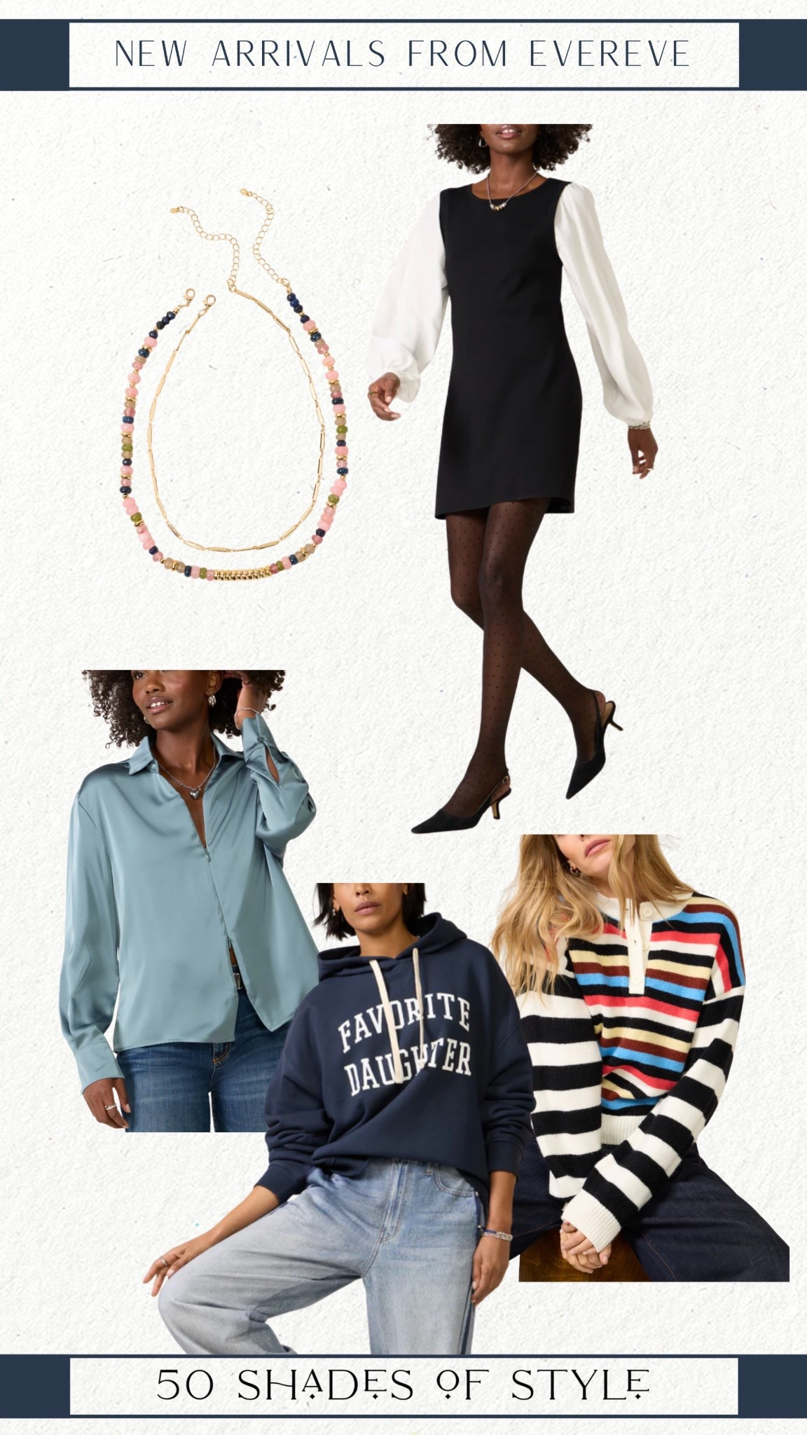 black dress, beaded necklace, blue satin blouse, favorite daughter pullover, striped sweater, winter outfit 

#LTKSeasonal #LTKOver40 #LTKootd