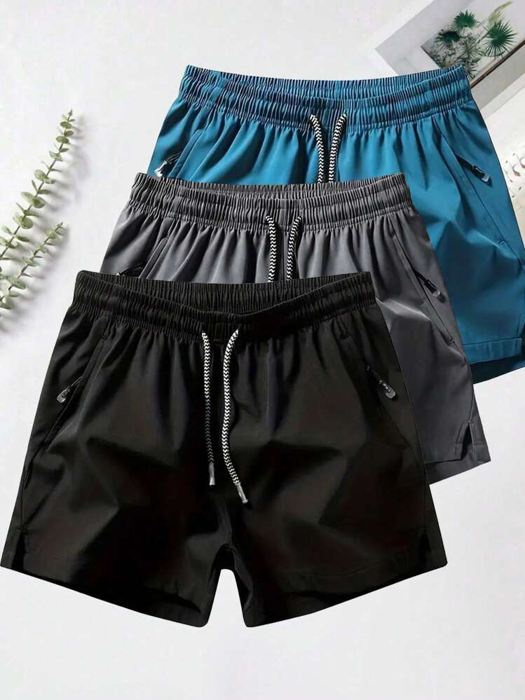 3pcs Men's Black + Gray + Blue Draw String Casual Shorts, Spring Summer | SHEIN