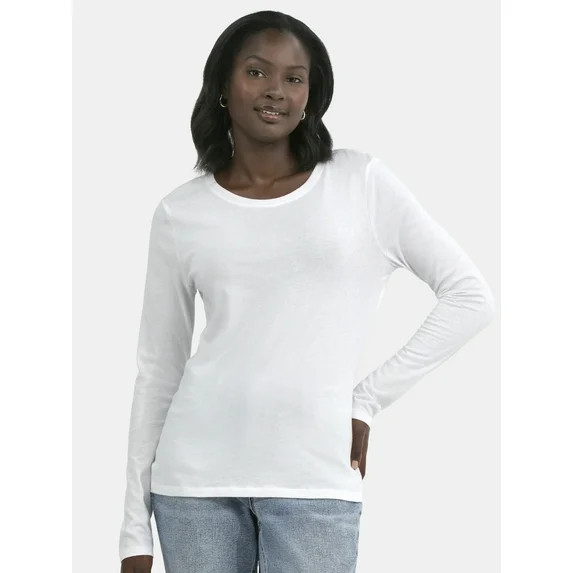 Time and Tru Women's Cotton Crewneck Tee with Long Sleeves, Sizes XS-XXXL | Walmart (US)