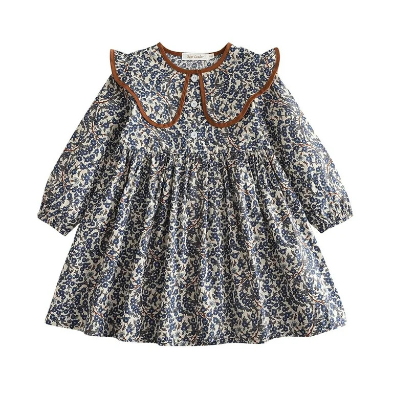 Odeerbi Toddler Girls Cute Floral Dresses Spring Fall Peter Pan Collar Cotton Dress Round Neck Lo... | Walmart (US)