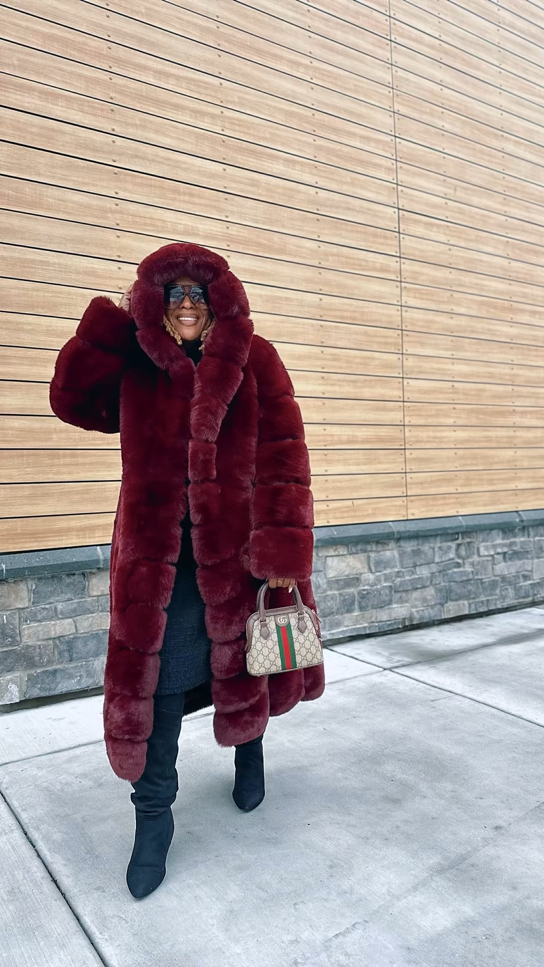 Casual chic burgundy faux fur coat