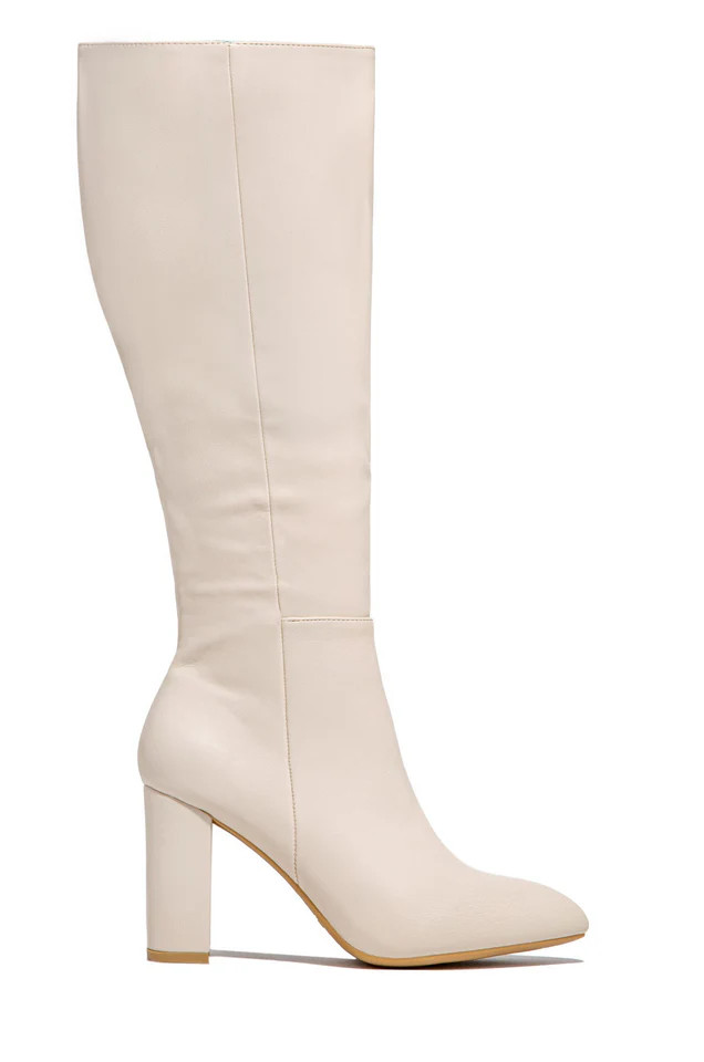 Miss Lola | Fine Time White Block Heel Knee High Boots | MISS LOLA