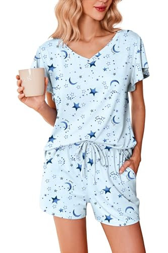 Ekouaer Pajamas for Teen Girls Cute Ruffle Sleeves Pattern Sleeping Set V Neck Soft Pjs Loungewear Set Blue Stars Large | Amazon (US)